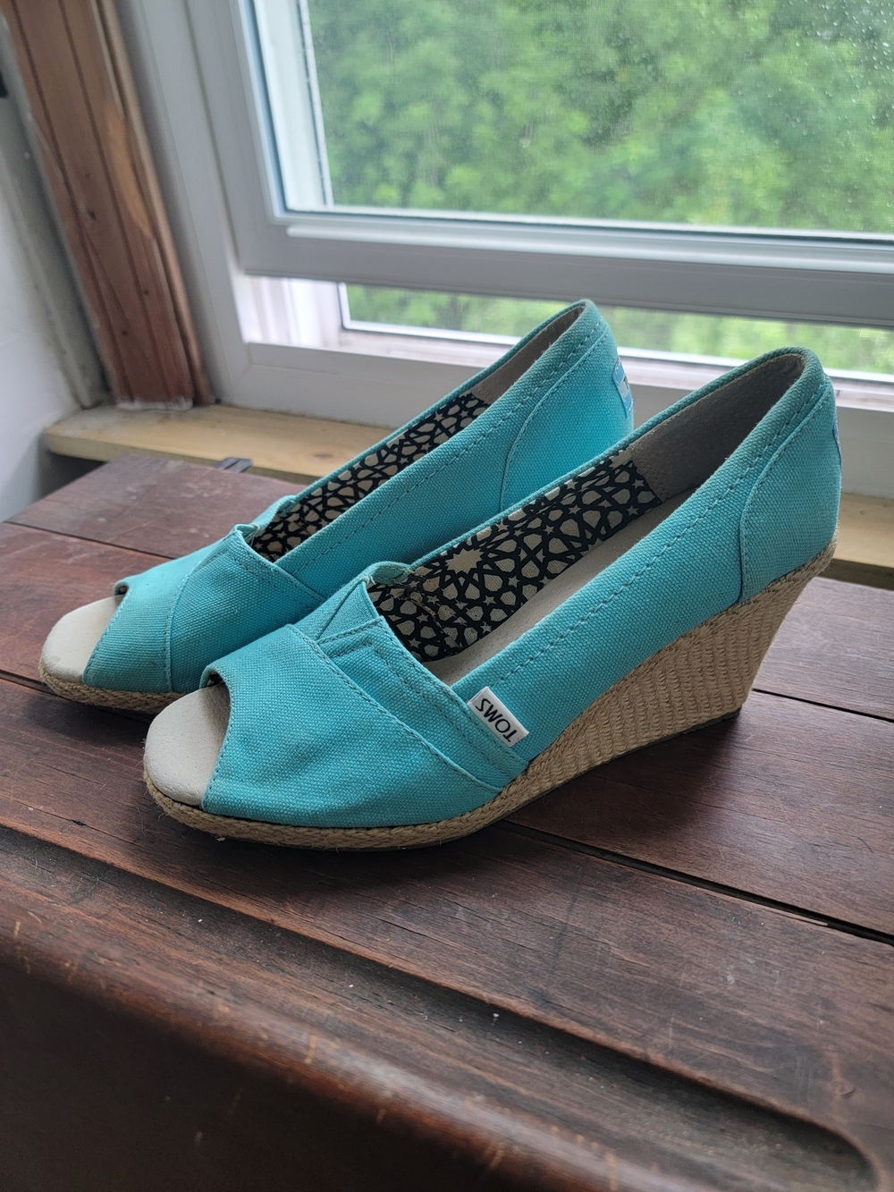 TOMS Women's Turquoise Canvas Peep-Toe Wedge